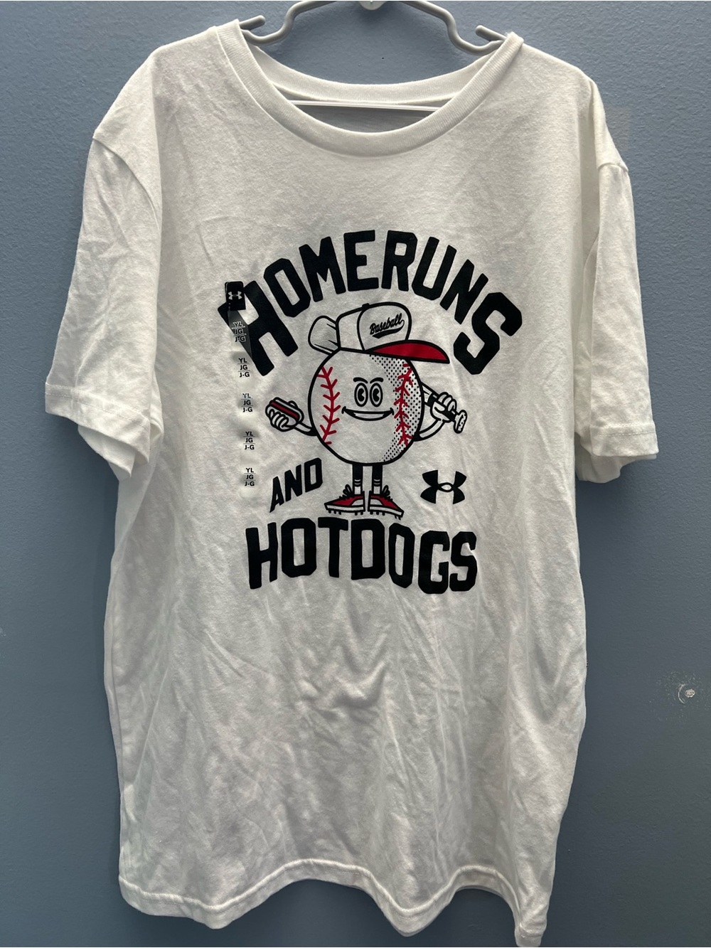 Kids Large Under Armour "Homeruns and Hotdogs" White Graphic Tee
